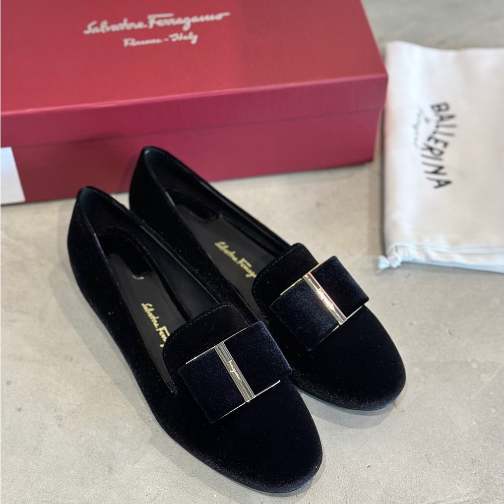 Women's Salvatore Ferragamo Black Velvet Bow Loafers with Gold Hardware